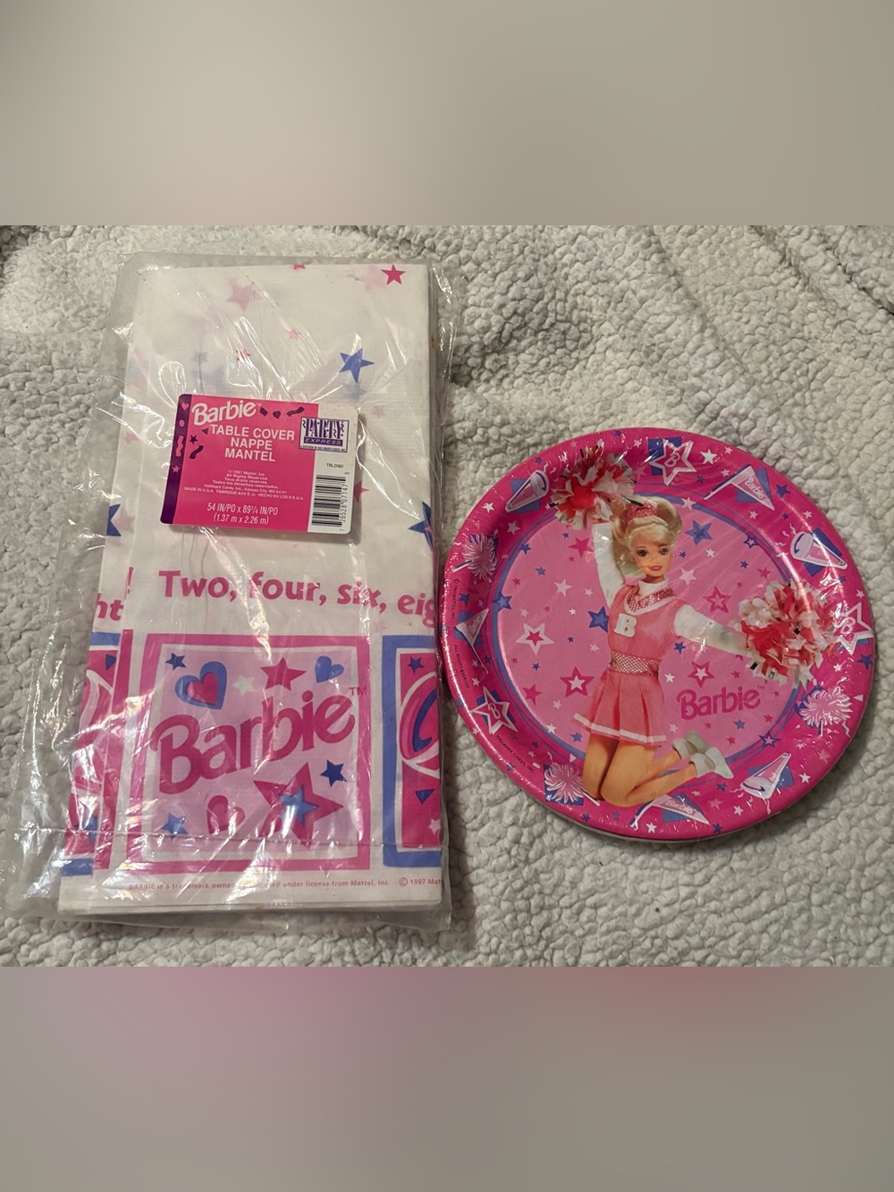 Barbie Vintage 1997 Cheerleading Theme Party Plates and Tablecover